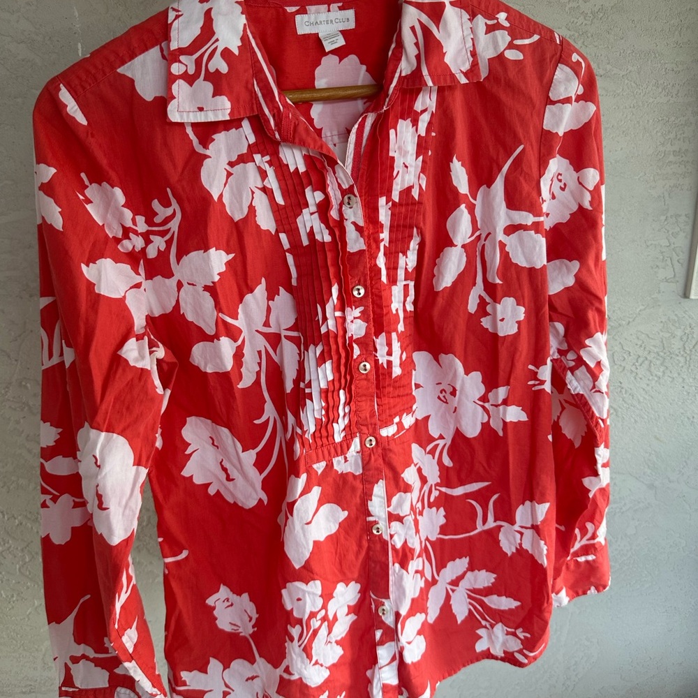 Charter Club Red Ruffled Long Sleeve Button Down Shirt